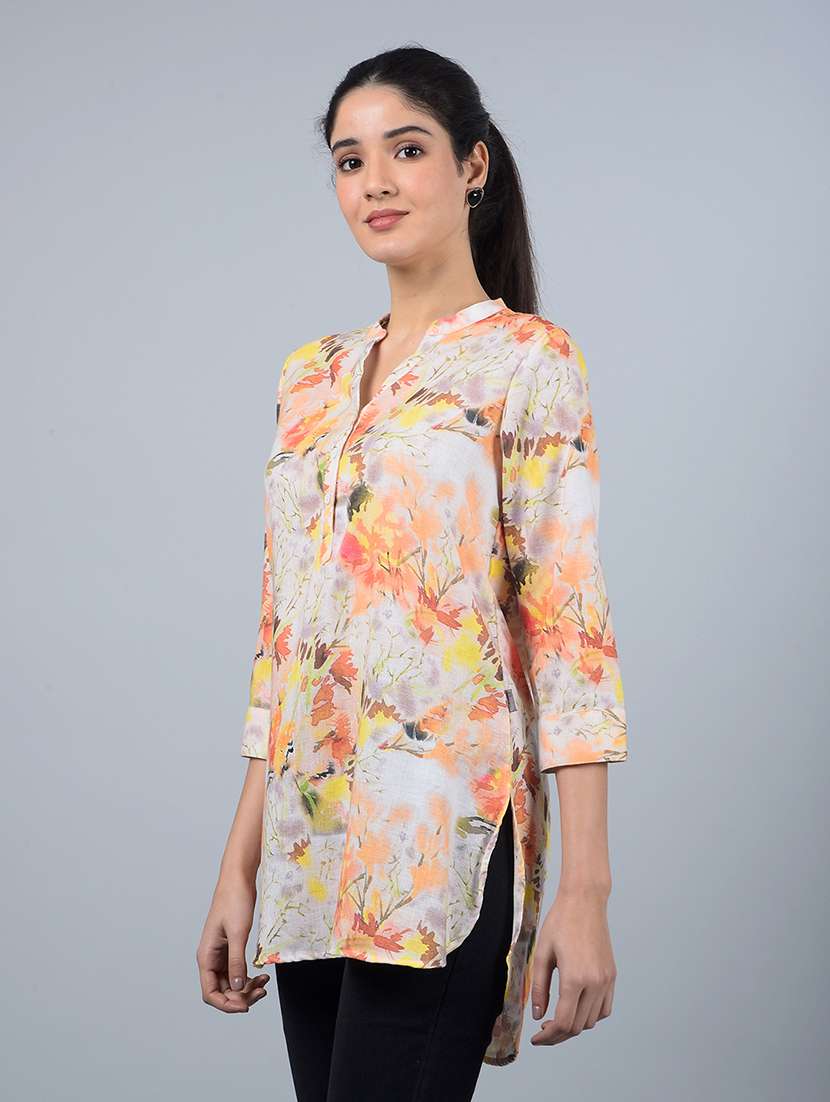 women printed mandarin neck high low kurti - 21854928 - Standard Image - 1