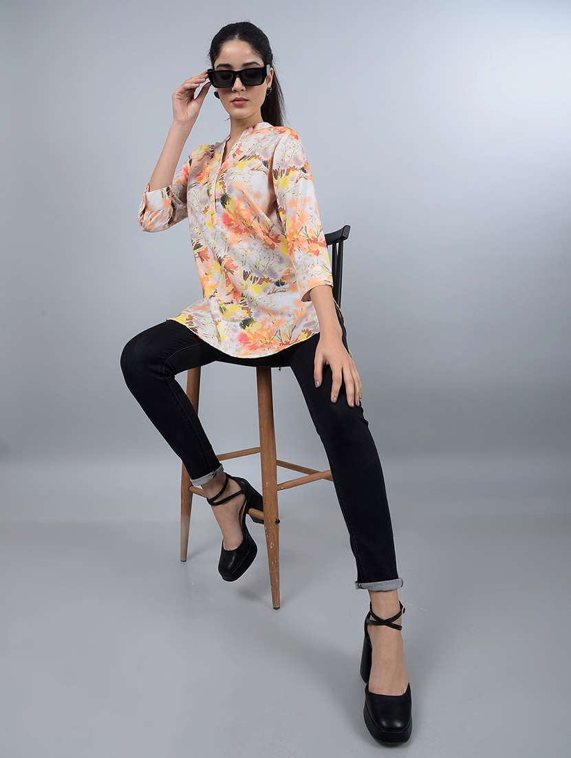 women printed mandarin neck high low kurti - 21854928 - Standard Image - 6