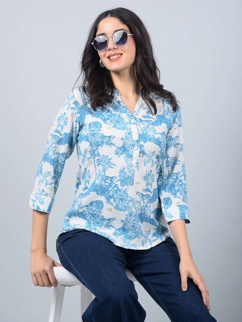 women printed mandarin neck high low top