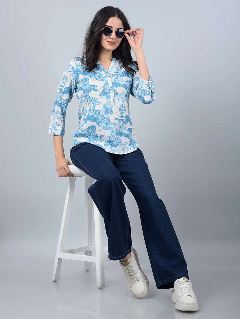 women printed mandarin neck high low top - 21854936 -  Standard Image - 6