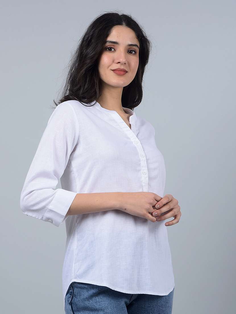 women solid mandarin neck high low top - 21854938 -  Standard Image - 1