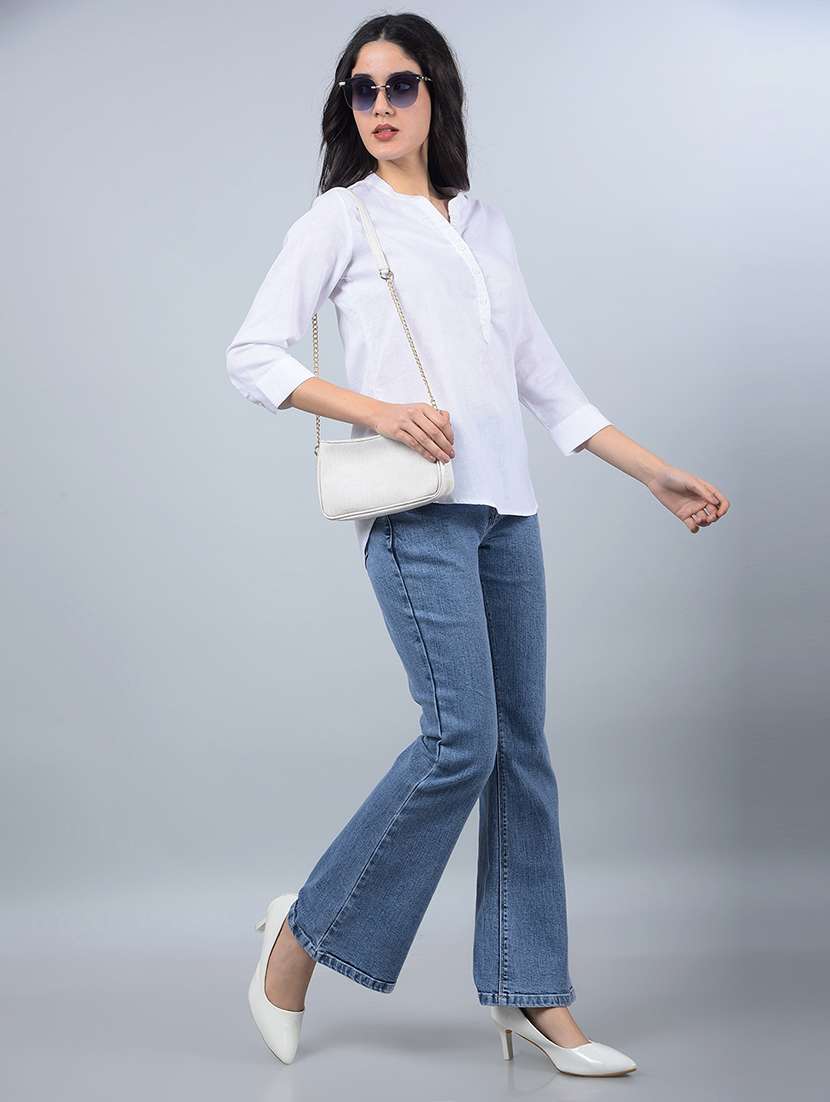 women solid mandarin neck high low top - 21854938 -  Standard Image - 6