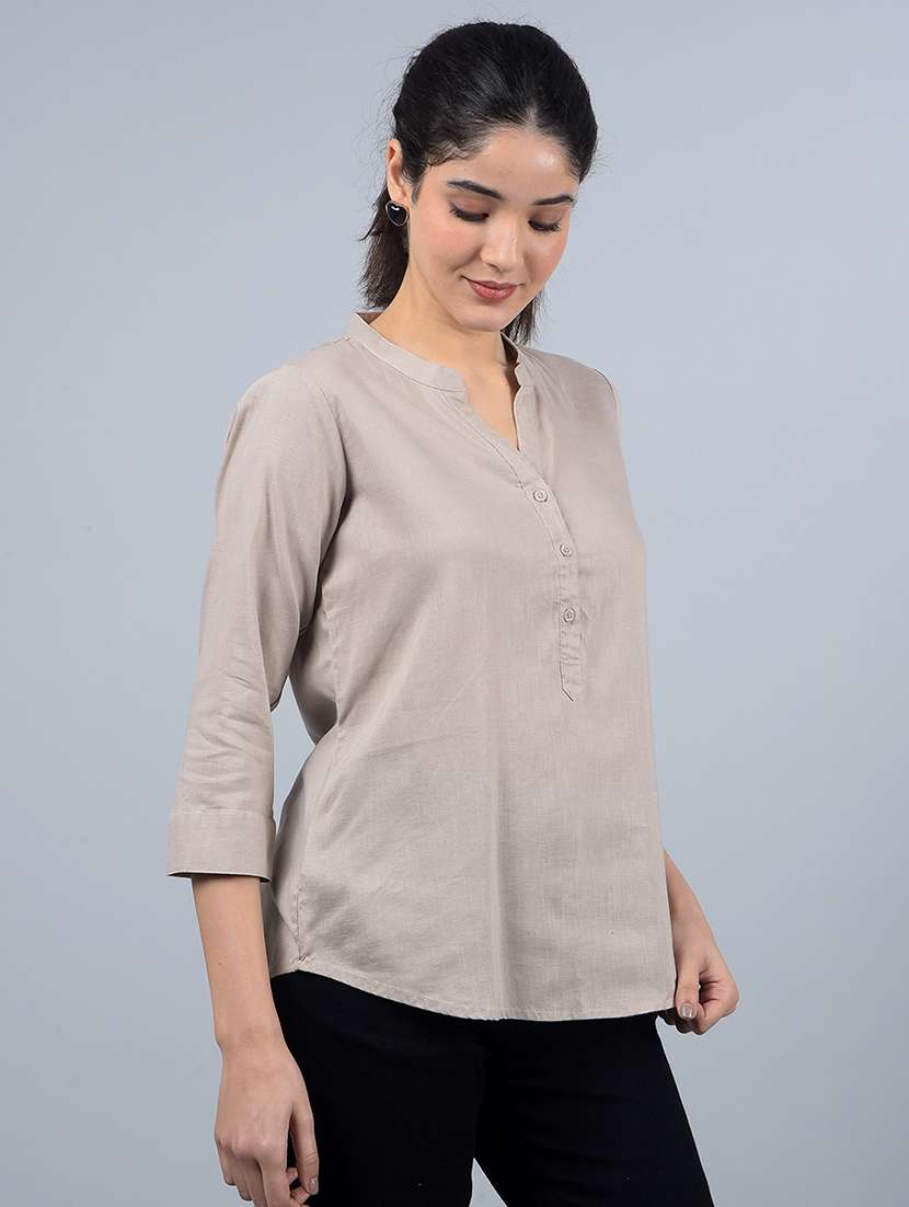 women solid mandarin neck high low top - 21854939 -  Standard Image - 1