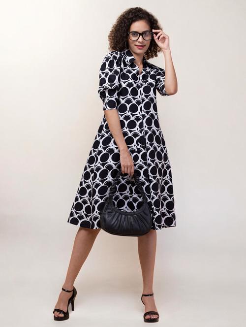 women geometric printed puff sleeves a-line dress - 21855037 - Standard Image - 0