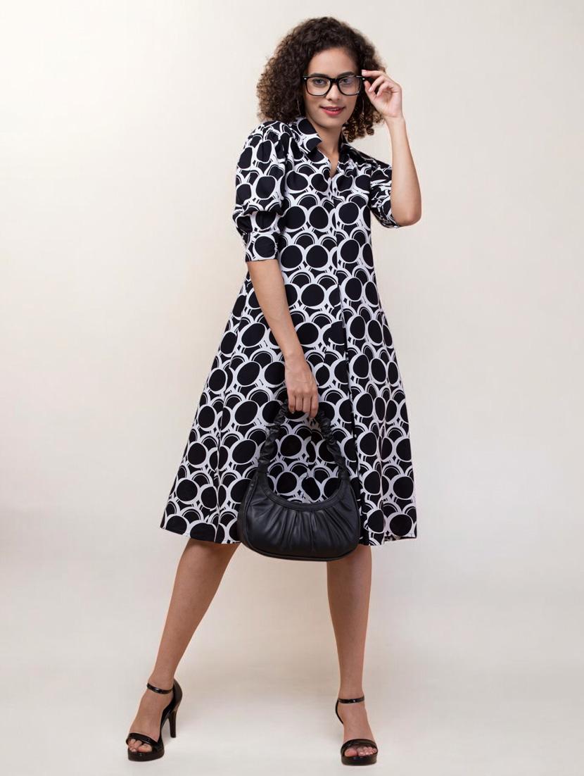 women geometric printed puff sleeves a-line dress - 21855037 - Zoom Image - 0