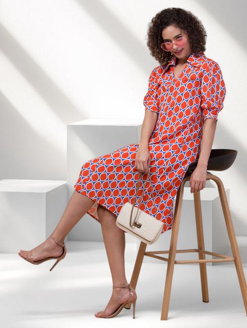 women printed puff sleeves a-line dress - 21855038 - Standard Image - 0
