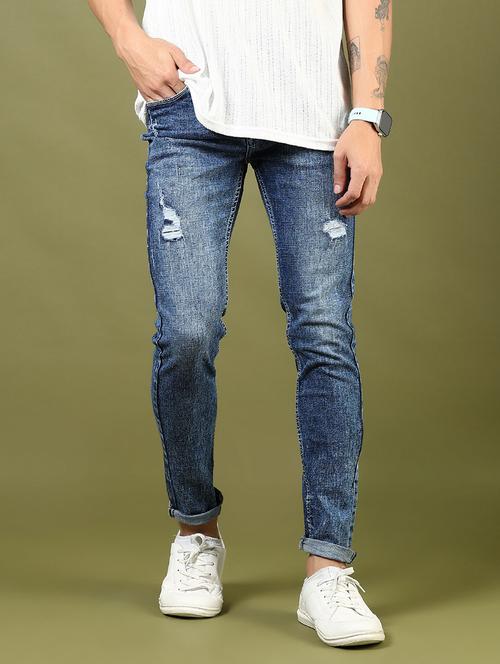 men's blue denim distressed slim fit jeans - 21855191 -  Standard Image - 0