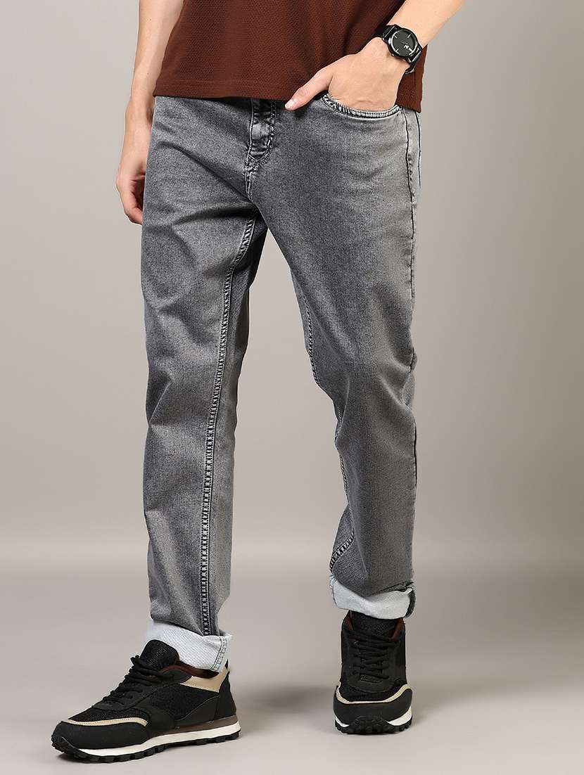 men plain mid rise full length denim jeans