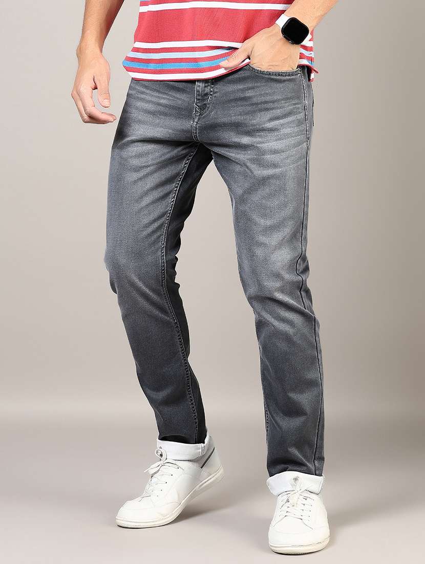 men washed mid rise full length denim jeans