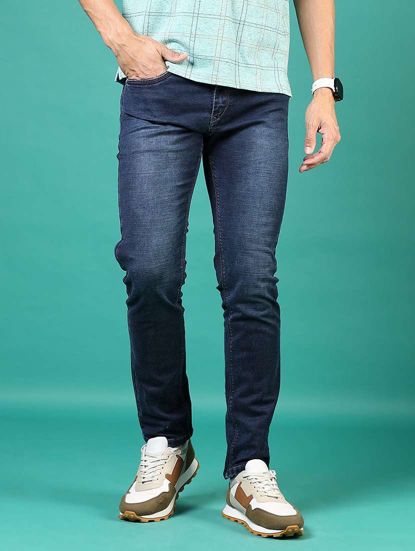 men washed mid rise full length denim jeans