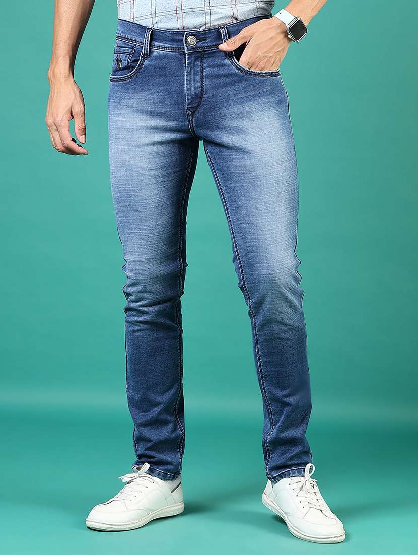 men washed mid rise full length denim jeans