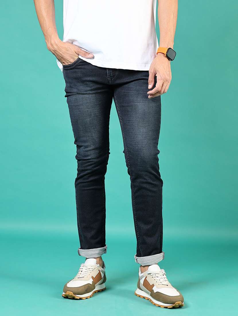 men washed mid rise full length denim jeans