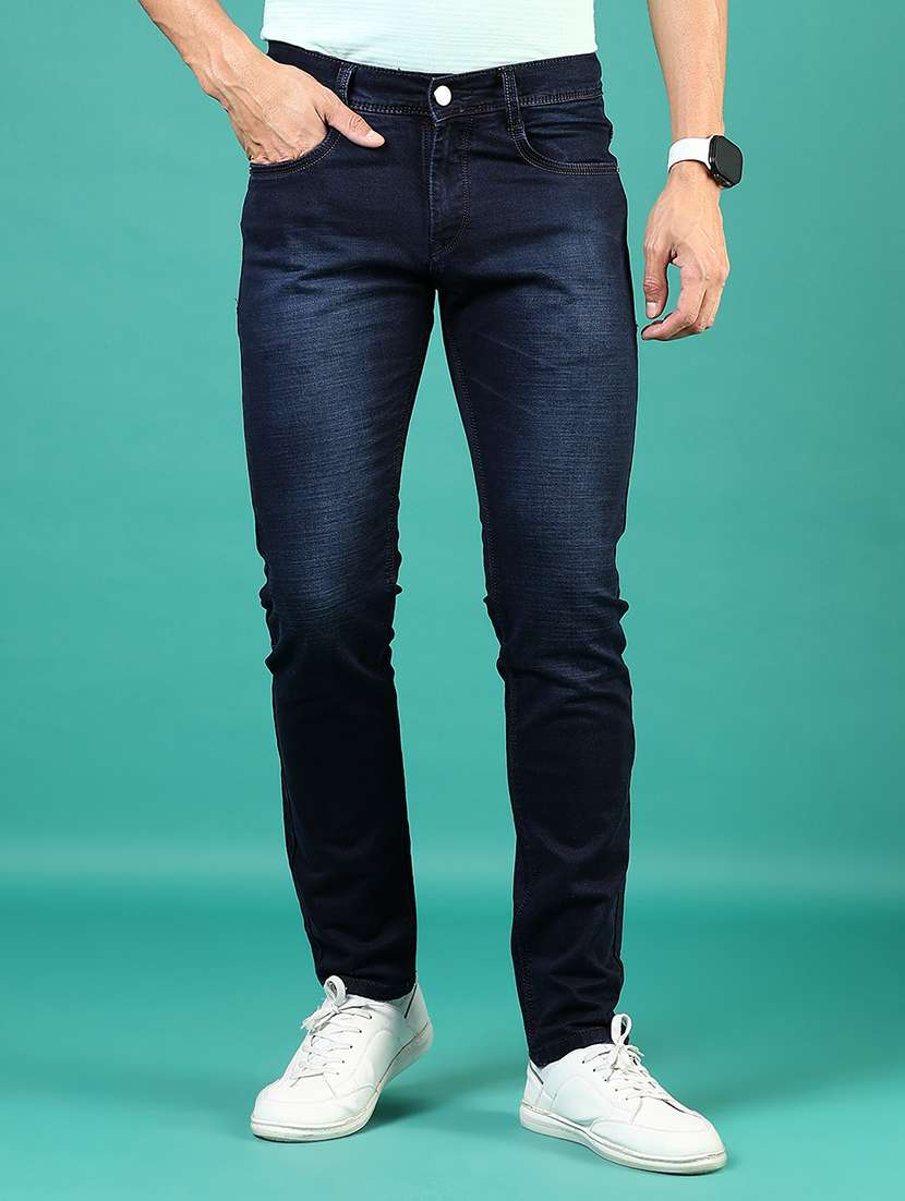 men washed mid rise full length denim jeans