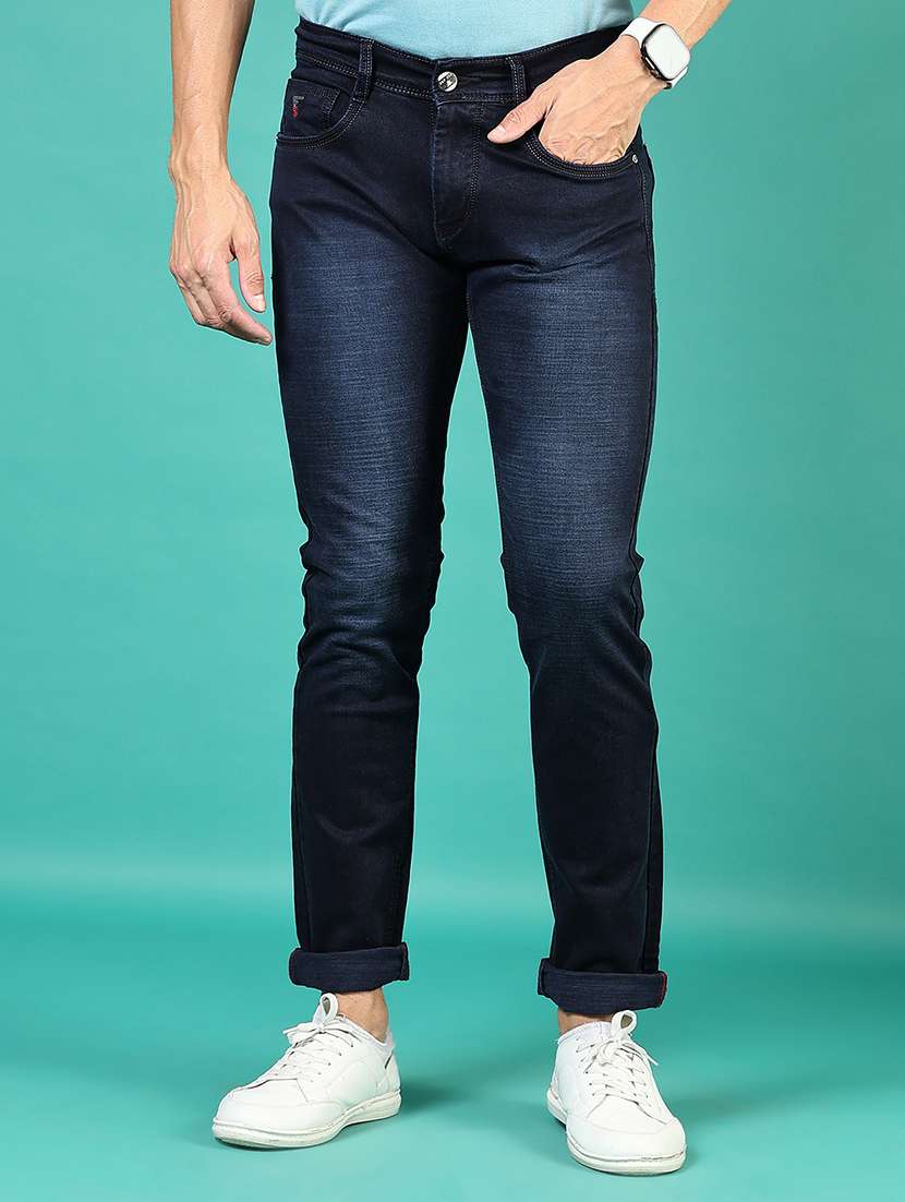men washed mid rise full length denim jeans