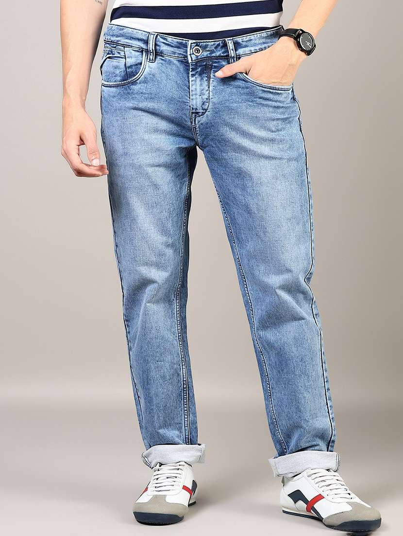 men washed mid rise full length denim jeans