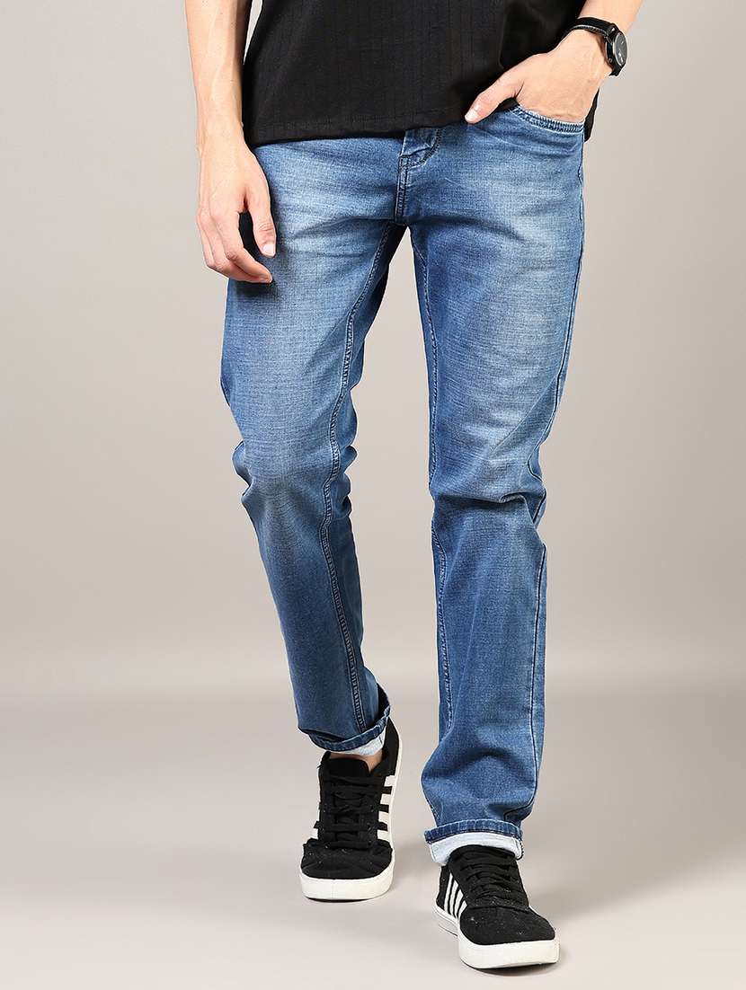 men washed mid rise full length denim jeans