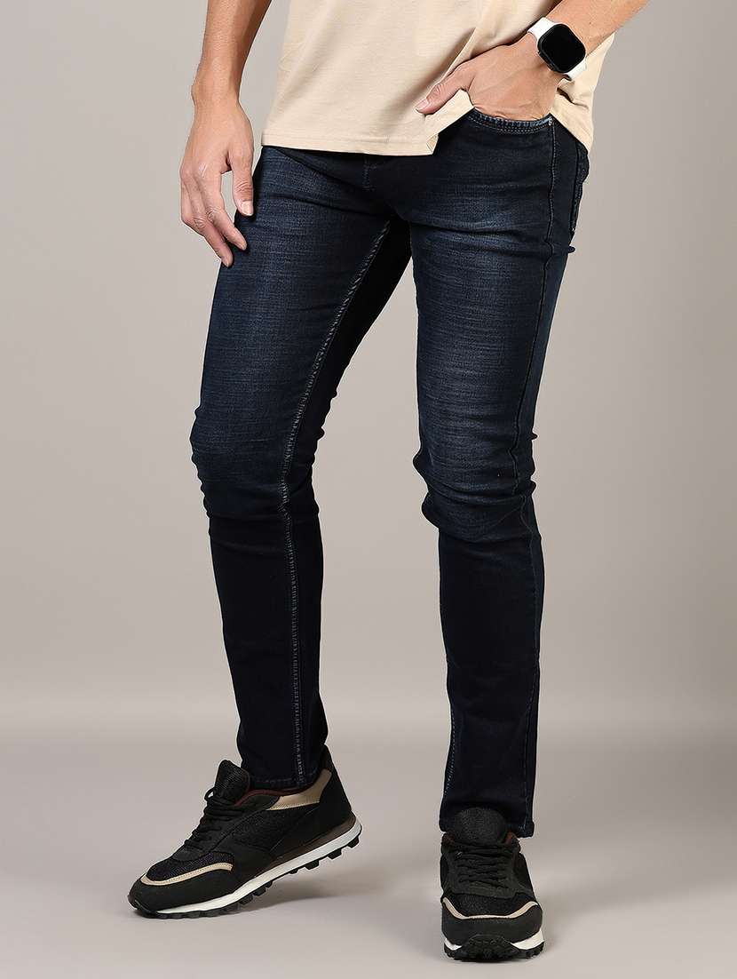 men washed mid rise full length denim jeans