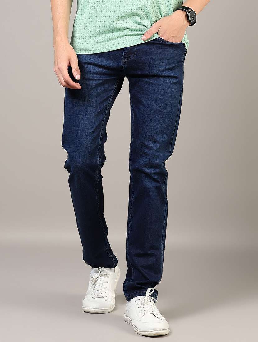 men washed mid rise full length denim jeans
