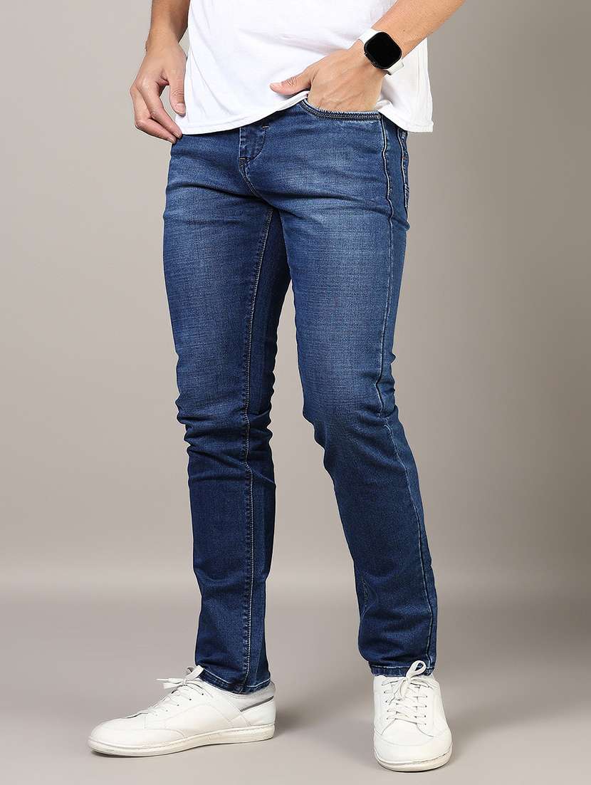 men washed mid rise full length denim jeans