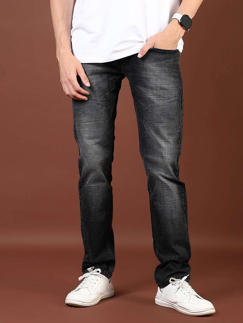 men washed mid rise full length denim jeans
