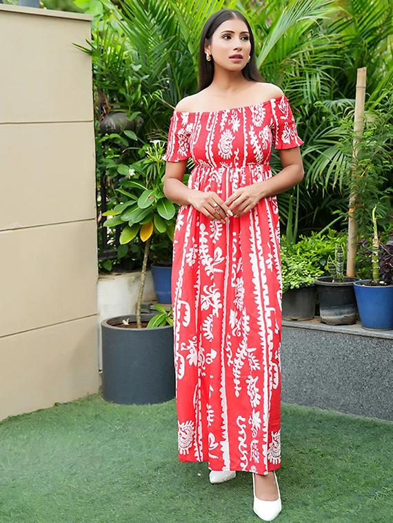 women printed off shoulder fit & flare dress - 21855412 -  Standard Image - 1