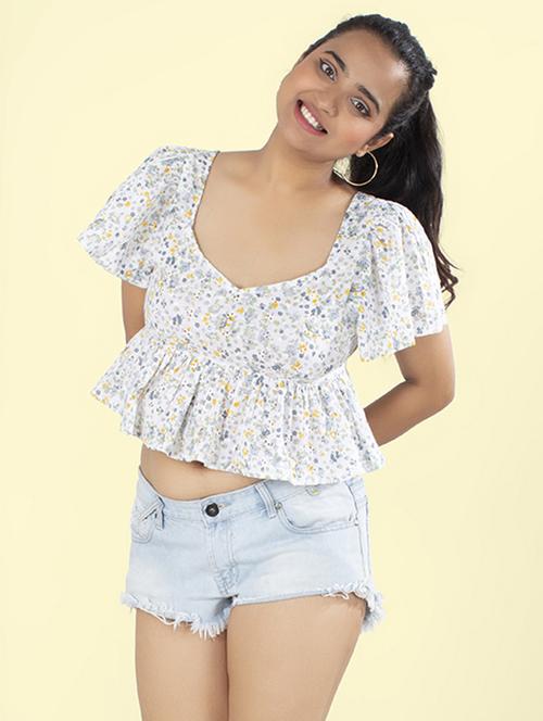 women floral print flared sleeves peplum top - 21855471 - Standard Image - 0