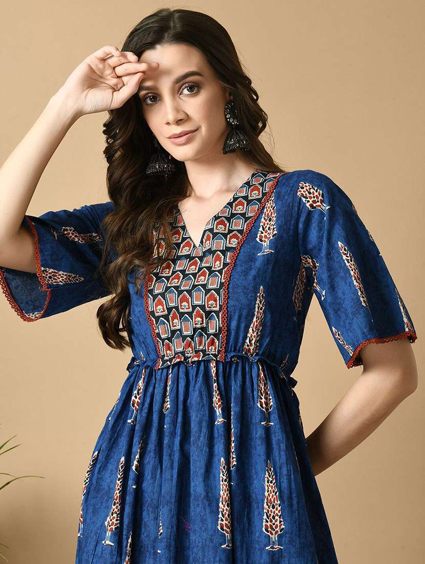 women blue printed fit & flare ethnic dress - 21855512 -  Standard Image - 4