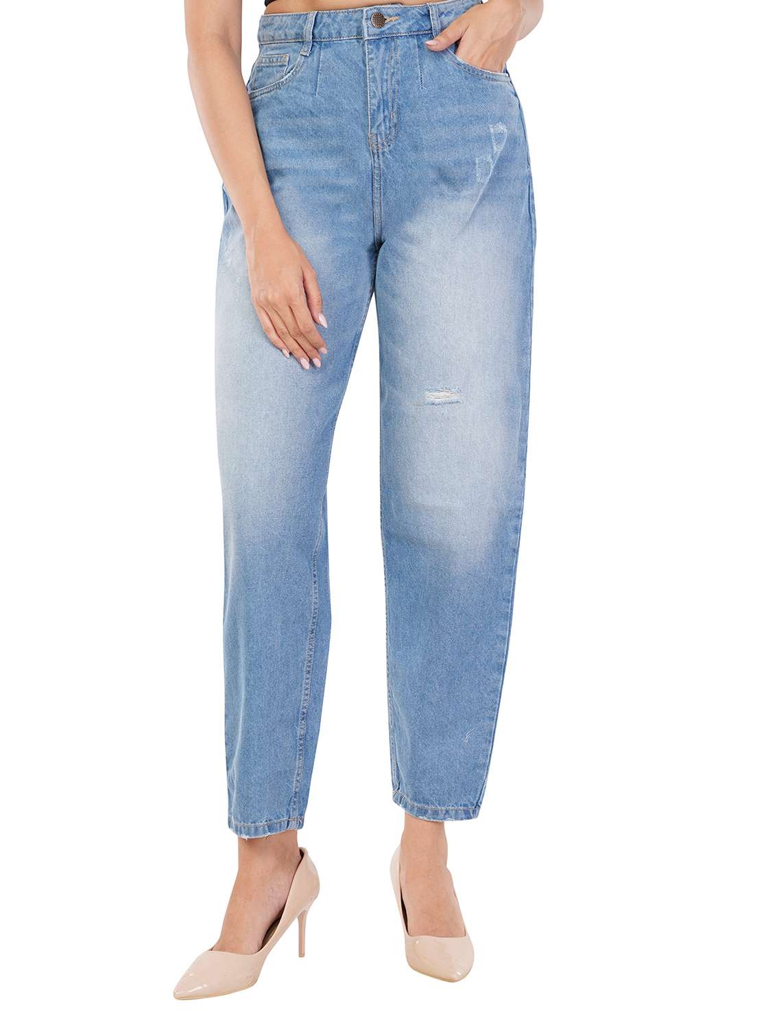 women distressed mid rise mom fit jean