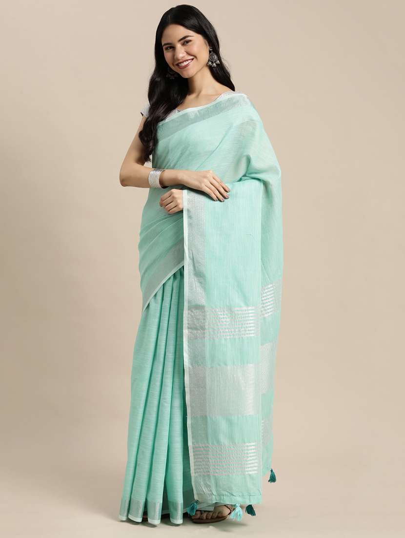 women turquoise plain saree with blouse - 21855570 -  Standard Image - 1