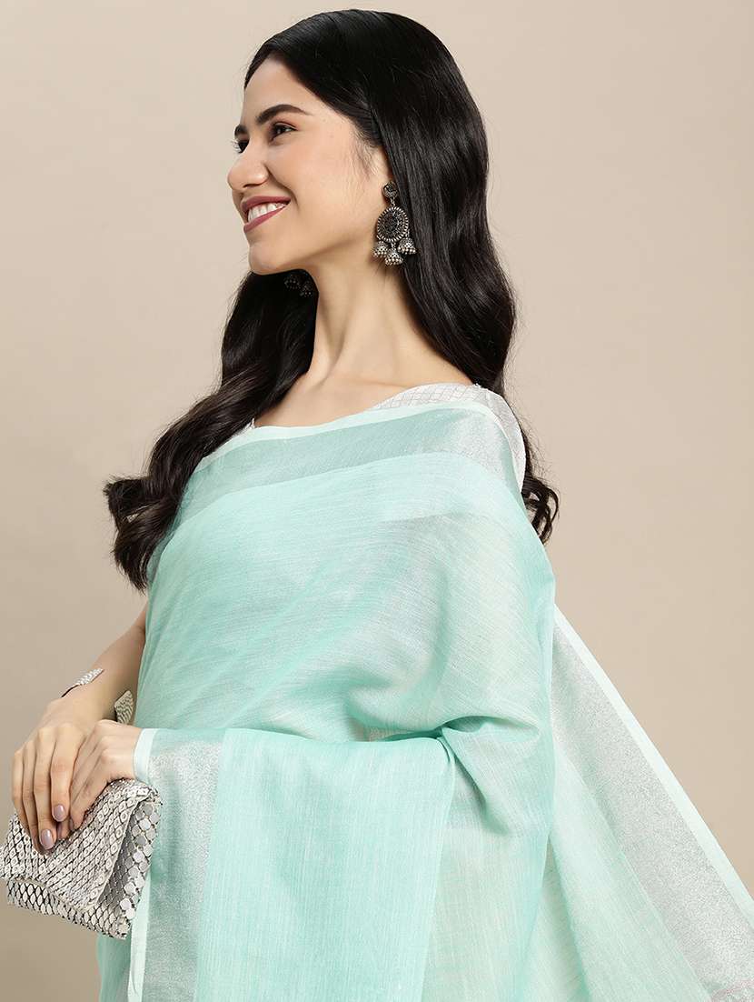 women turquoise plain saree with blouse - 21855570 -  Standard Image - 4