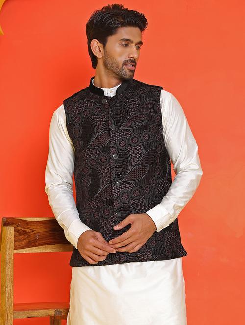 men embroidered mandarin neck nehru jacket - 21855573 -  Standard Image - 0