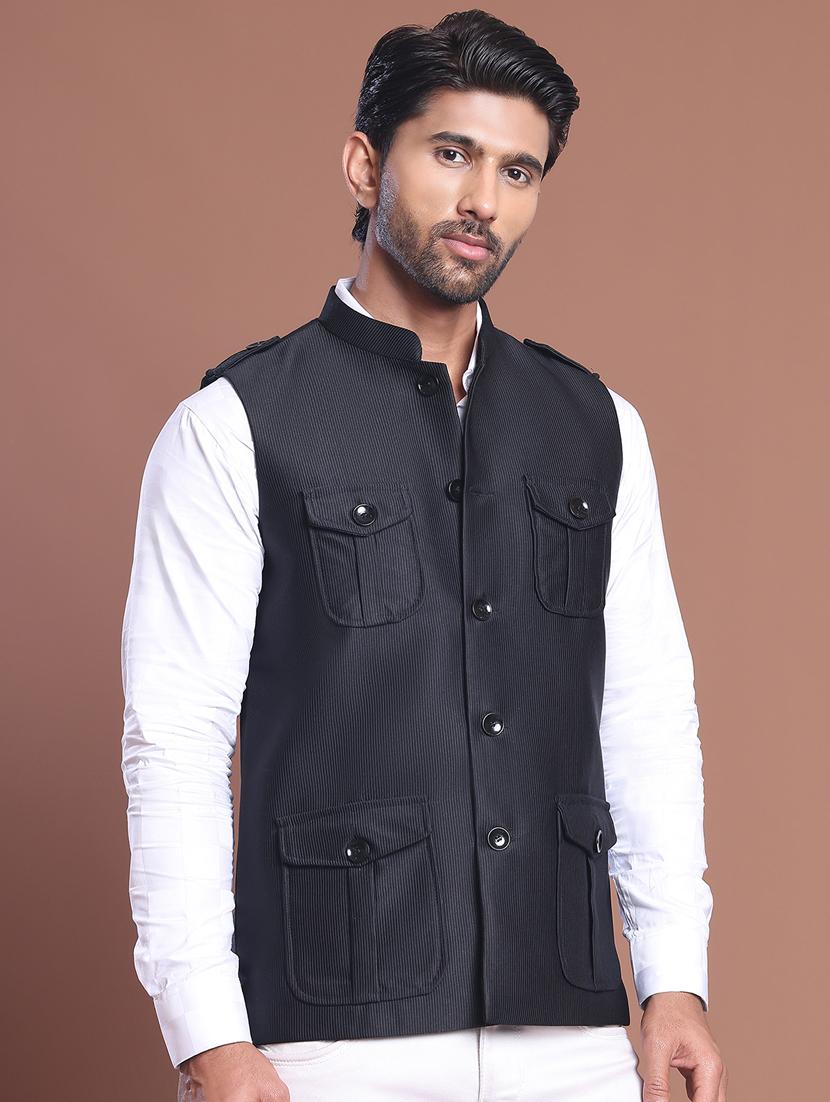 men striped mandarin neck nehru jacket - 21855581 - Zoom Image - 0