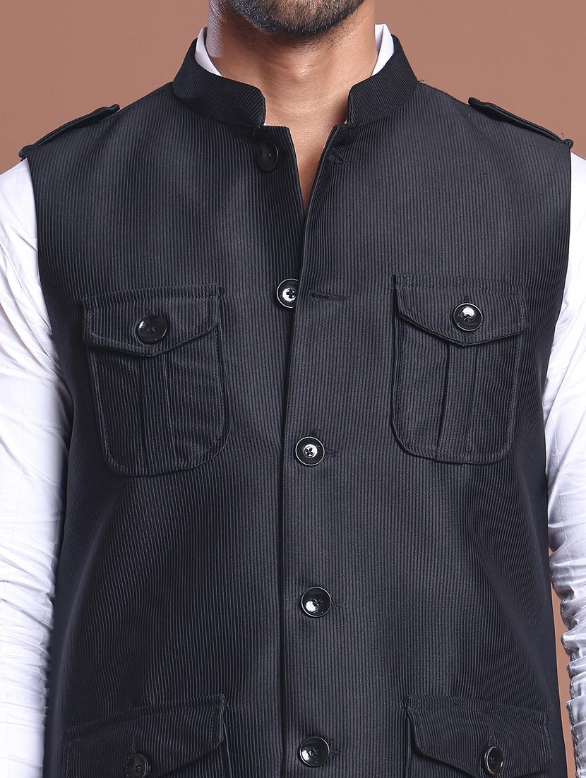 men striped mandarin neck nehru jacket - 21855581 - Standard Image - 4
