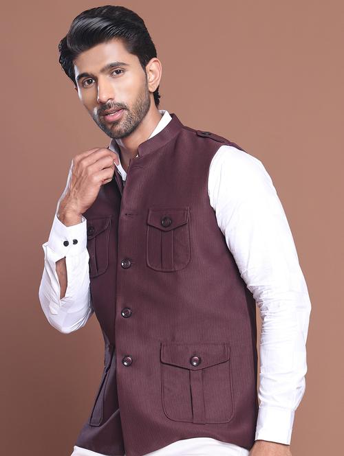 men striped mandarin neck nehru jacket - 21855582 - Standard Image - 0