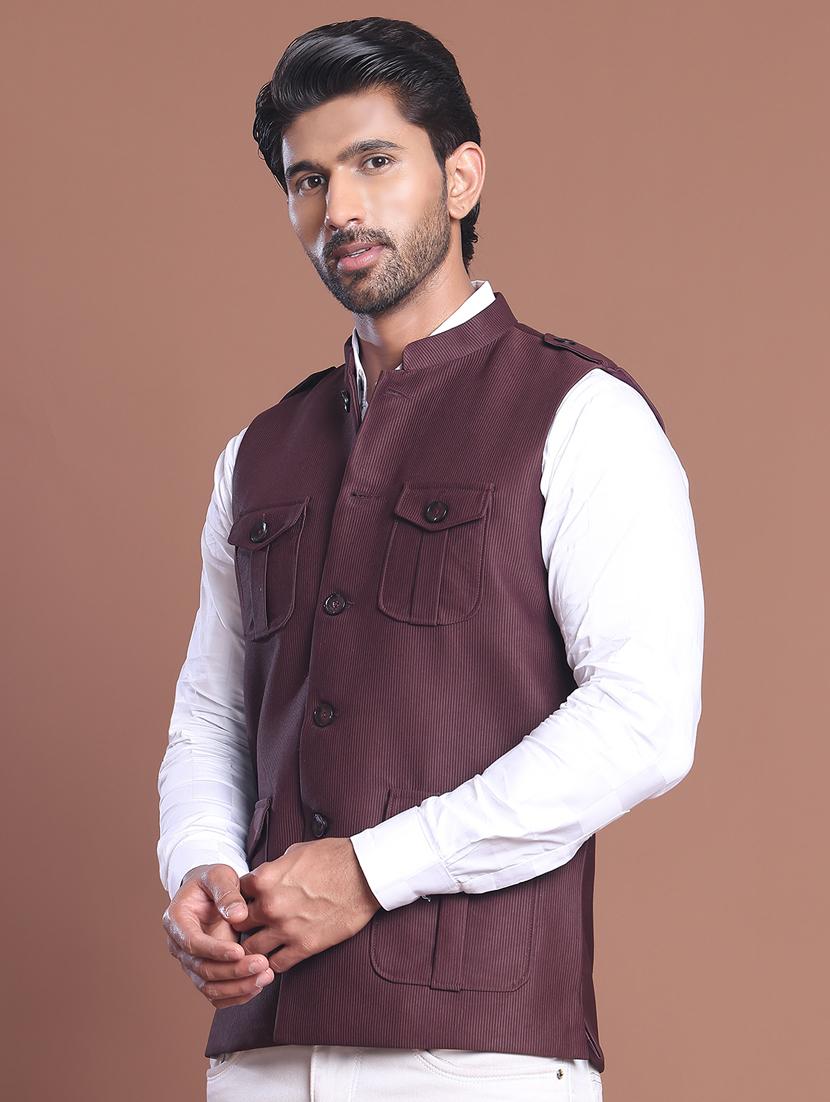 men striped mandarin neck nehru jacket - 21855582 - Standard Image - 1