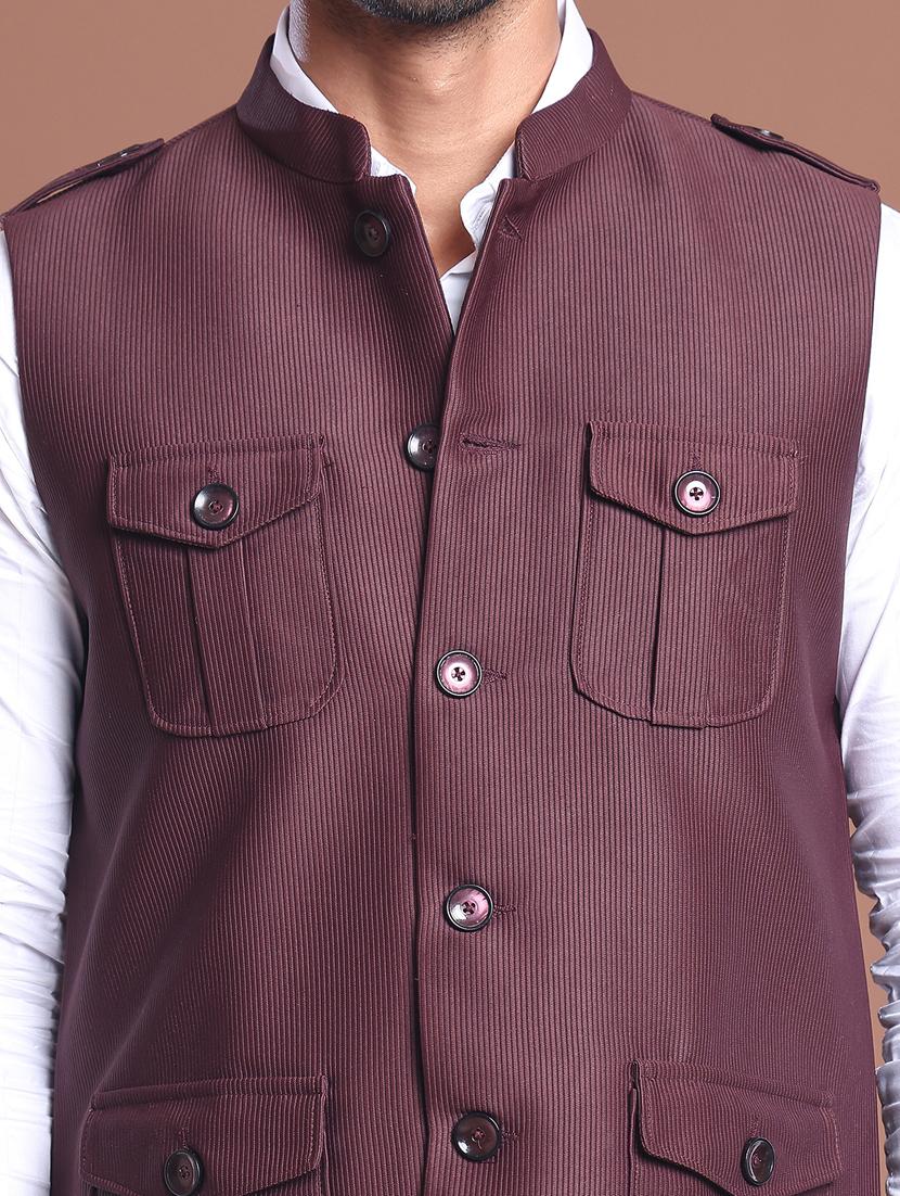 men striped mandarin neck nehru jacket - 21855582 - Standard Image - 4