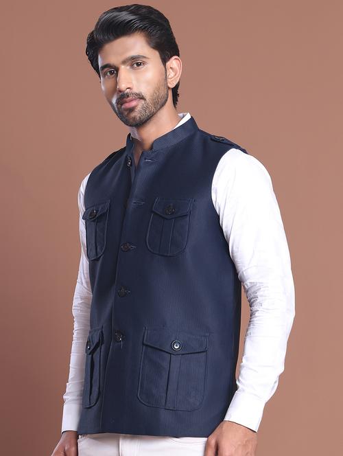men striped mandarin neck nehru jacket - 21855583 - Standard Image - 0