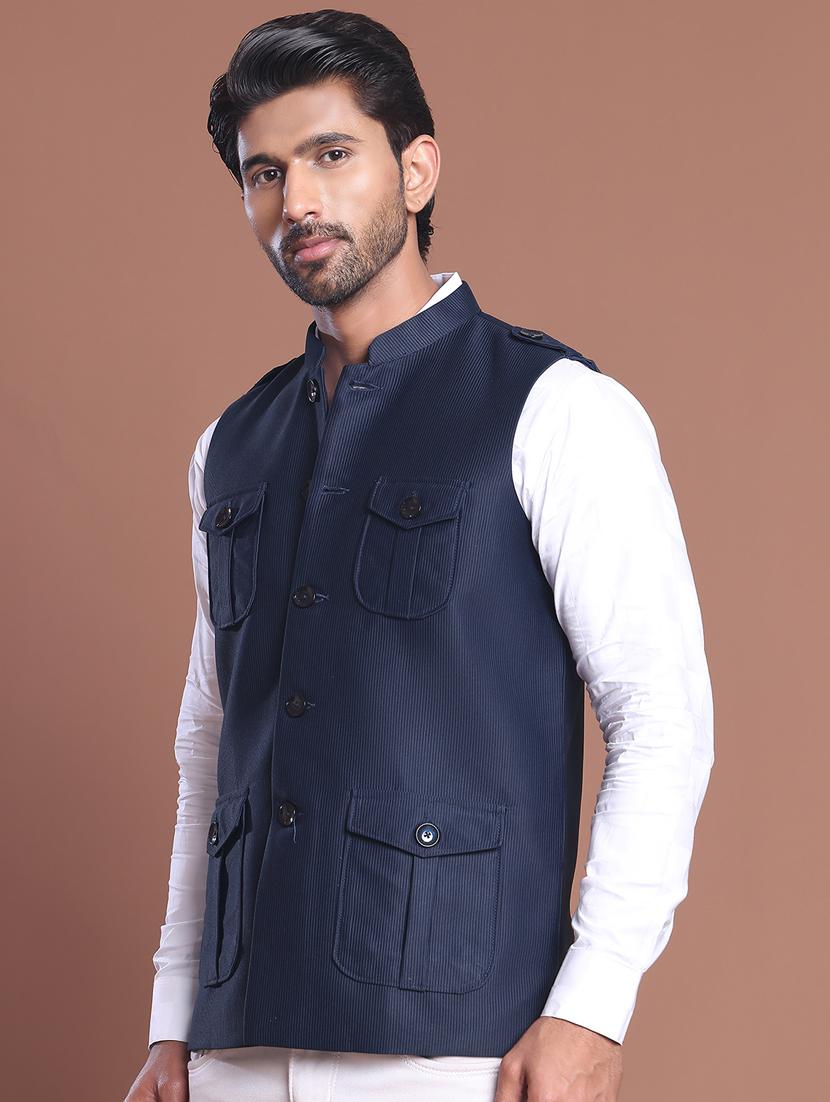 men striped mandarin neck nehru jacket - 21855583 - Zoom Image - 0