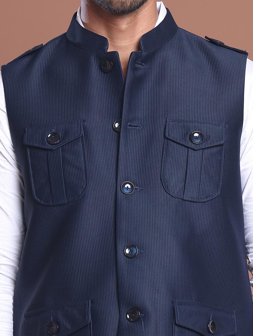men striped mandarin neck nehru jacket - 21855583 - Standard Image - 4