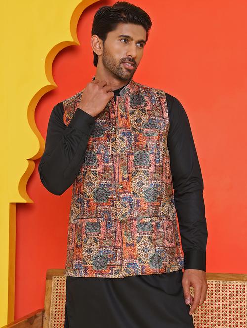 men embroidered mandarin neck nehru jacket - 21855587 - Standard Image - 0
