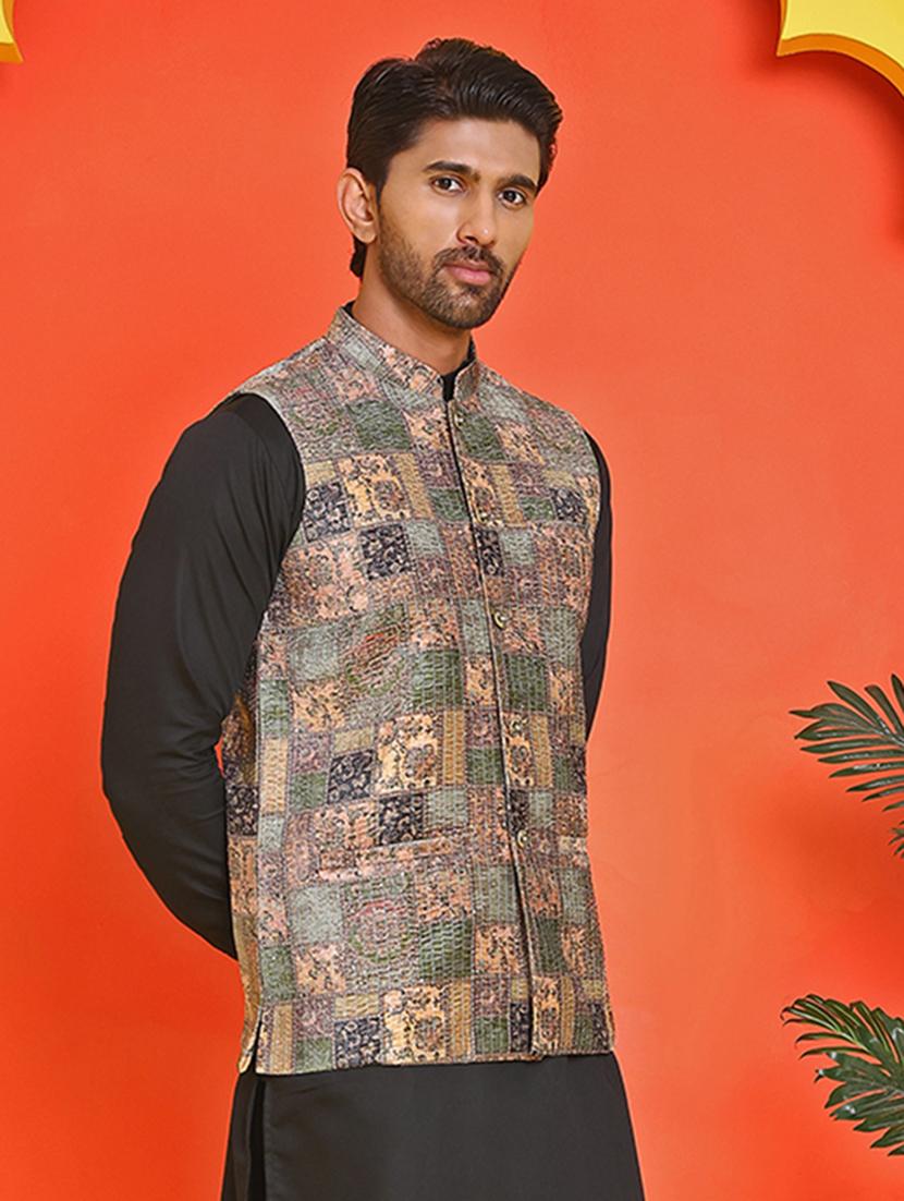 men embroidered mandarin neck nehru jacket - 21855588 - Standard Image - 1