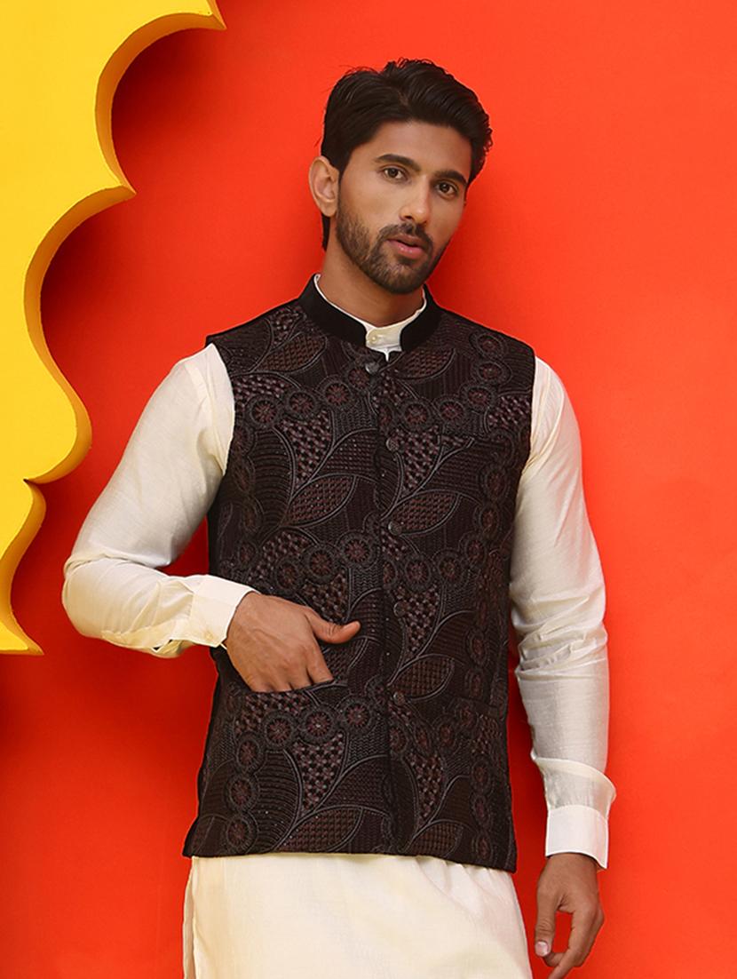 men embroidered mandarin neck nehru jacket - 21855589 - Zoom Image - 0