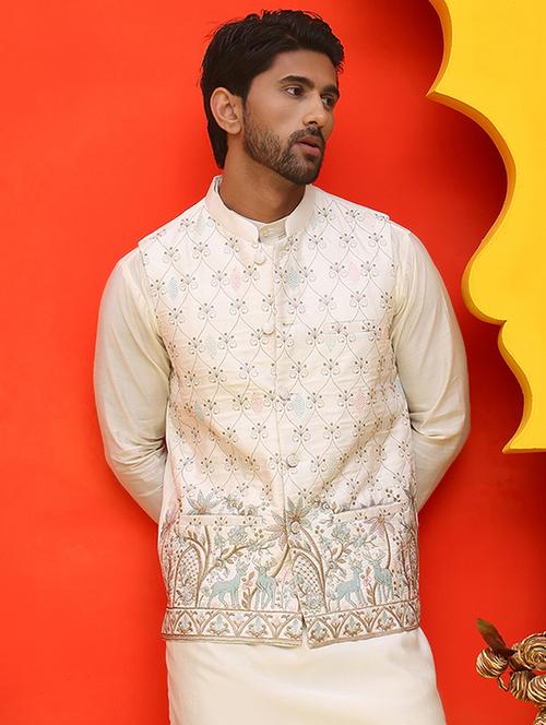 men embroidered mandarin neck nehru jacket - 21855590 - Standard Image - 0