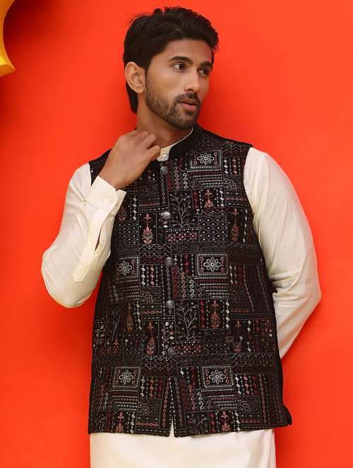 men embroidered mandarin neck nehru jacket - 21855591 -  Standard Image - 0