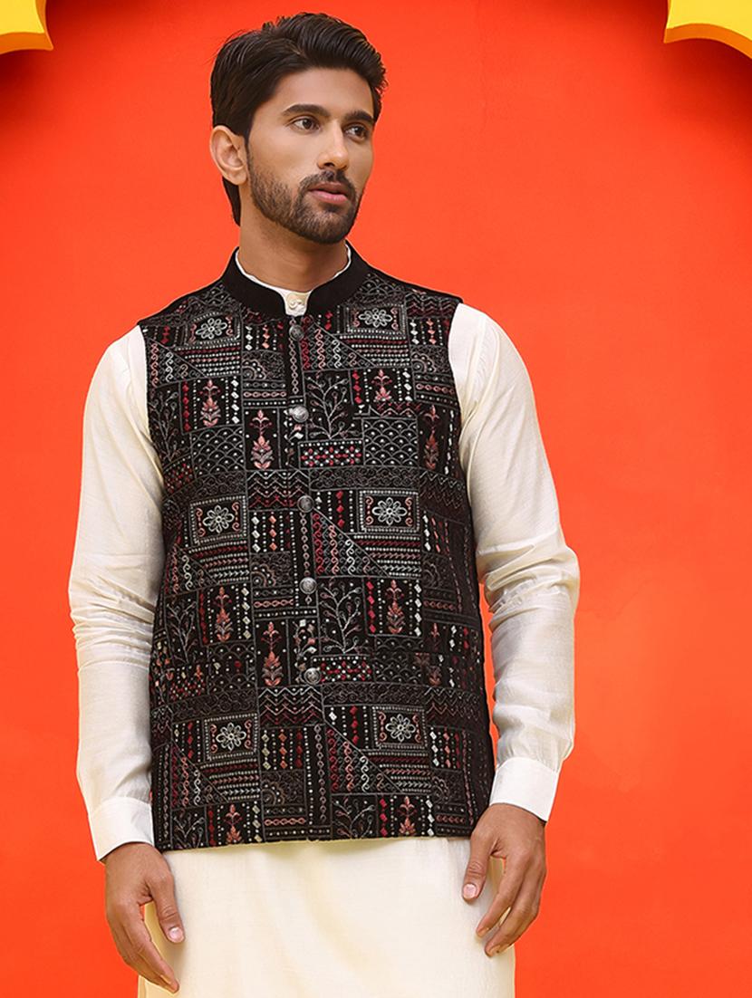 men embroidered mandarin neck nehru jacket - 21855591 - Standard Image - 4