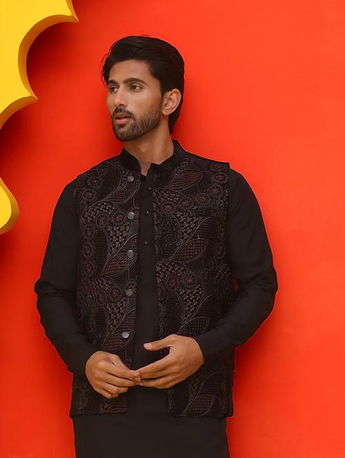 men embroidered mandarin neck nehru jacket - 21855593 - Standard Image - 0