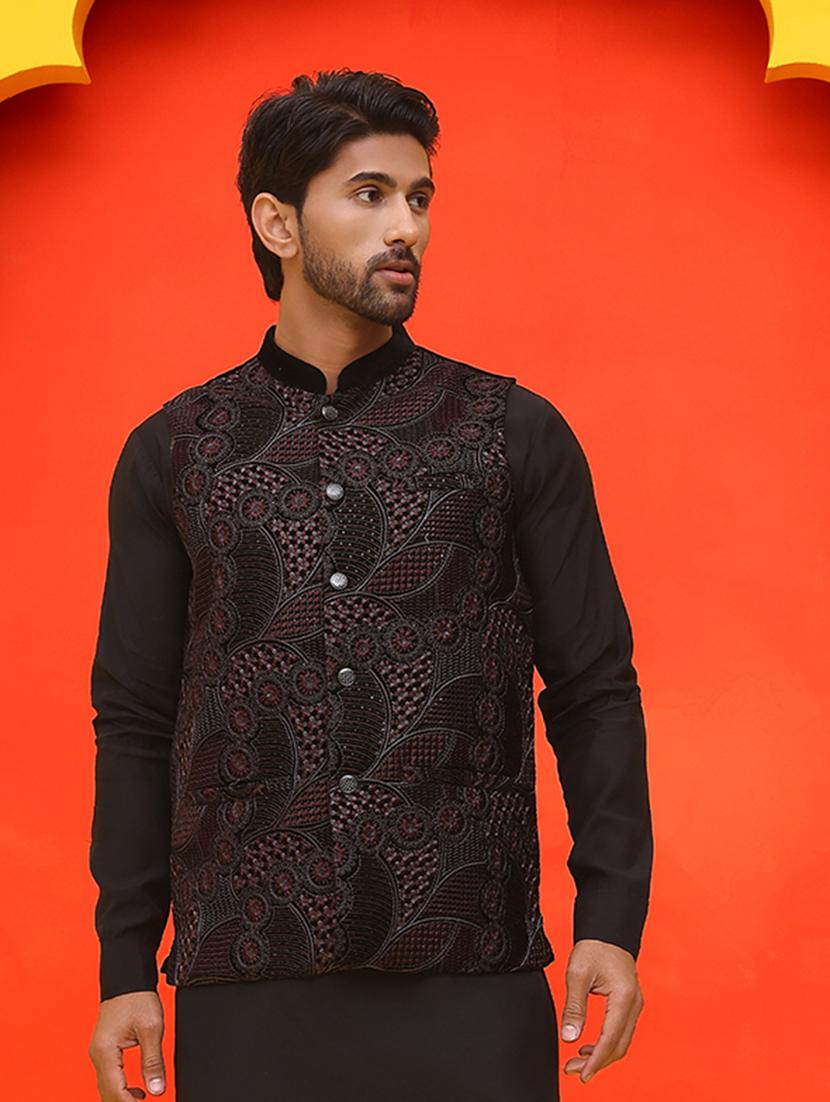 men embroidered mandarin neck nehru jacket - 21855593 -  Standard Image - 1