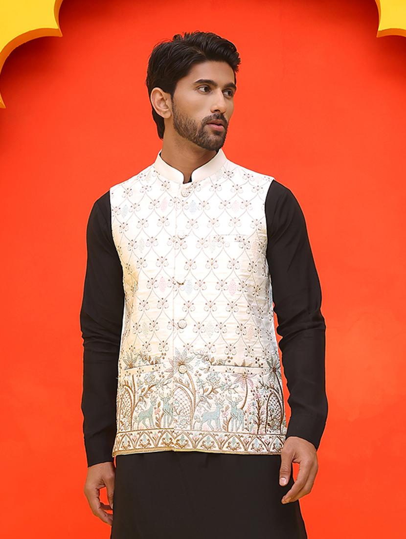 men embroidered mandarin neck nehru jacket - 21855594 - Standard Image - 1