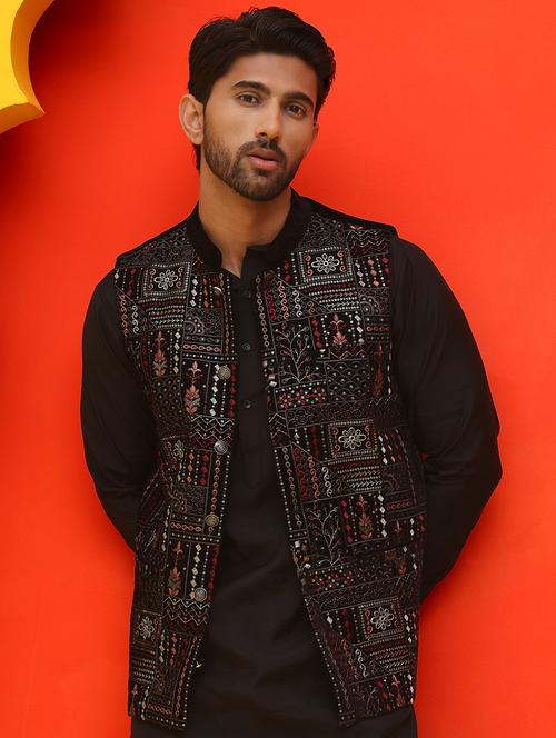 men embroidered mandarin neck nehru jacket - 21855595 -  Standard Image - 0