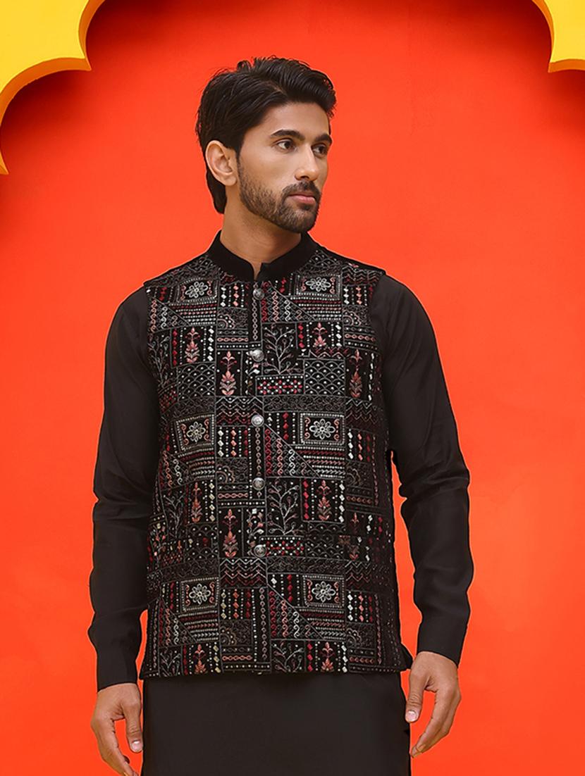 men embroidered mandarin neck nehru jacket - 21855595 -  Standard Image - 1